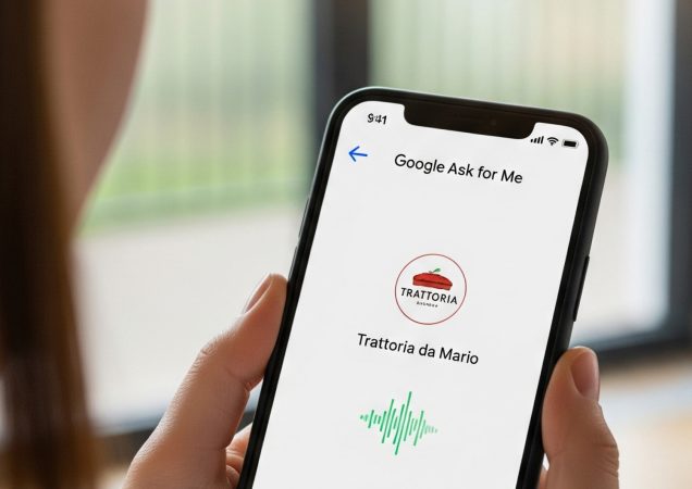 Mano con smartphone su schermata Google Ask for Me con trattoria, l'AI che chiama i ristoranti per te